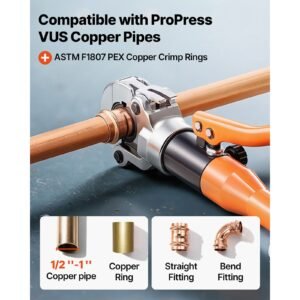 copper pipe crimping tool, hydraulic driven pro press tool with 1/2", 3/4", 1" jaws for copper tube & 3/8", 1/2", 5/8", 3/4", 1" jaws for astm f1807 pex pipe copper ring with carrying case