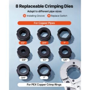 copper pipe crimping tool, hydraulic driven pro press tool with 1/2", 3/4", 1" jaws for copper tube & 3/8", 1/2", 5/8", 3/4", 1" jaws for astm f1807 pex pipe copper ring with carrying case
