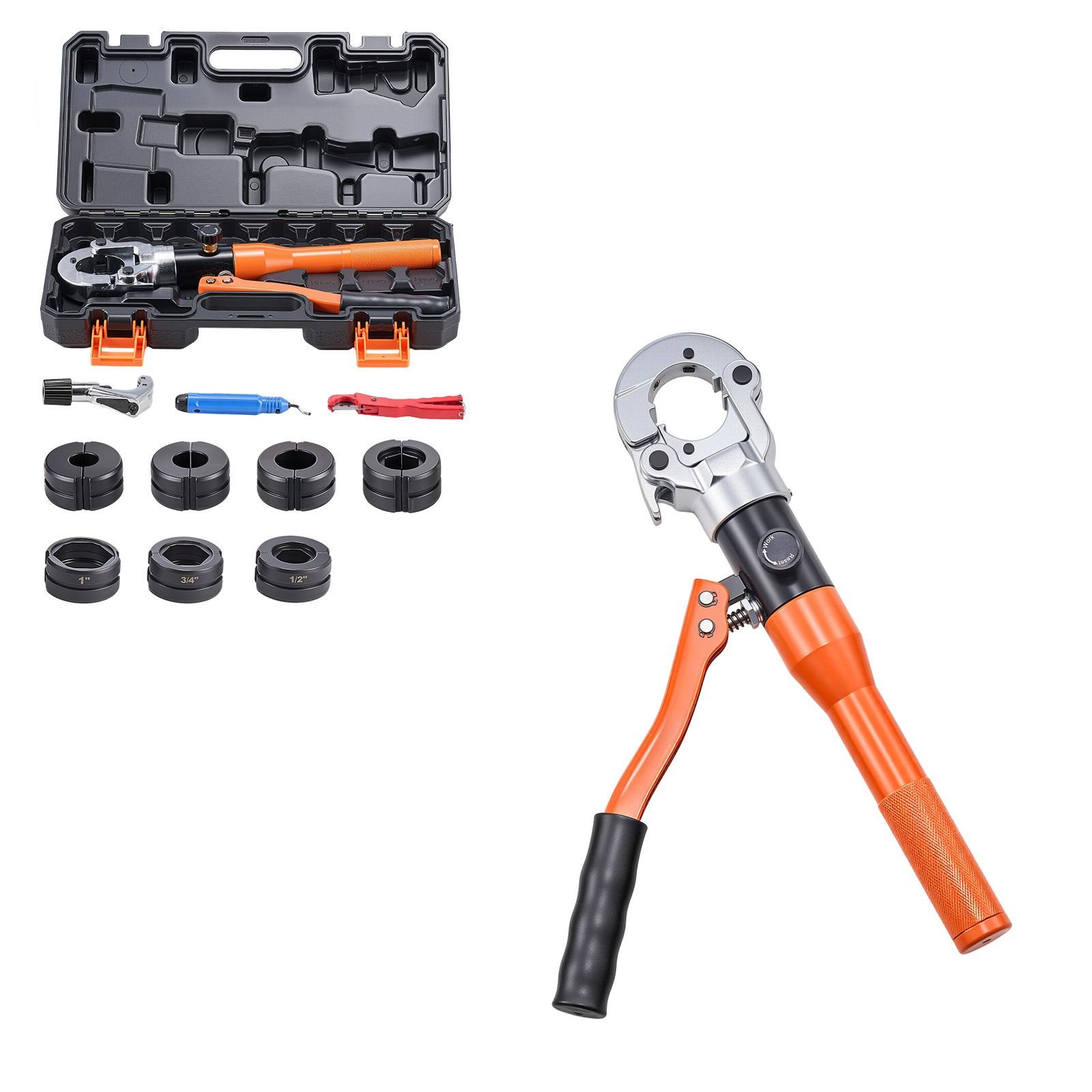 copper pipe crimping tool, hydraulic driven pro press tool with 1/2", 3/4", 1" jaws for copper tube & 3/8", 1/2", 5/8", 3/4", 1" jaws for astm f1807 pex pipe copper ring with carrying case