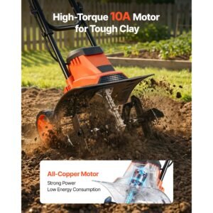 corded electric tiller, 14 inch tilling width garden rototiller, 10 amp motor heavy duty tilling machine, cultivator with steel tines and foldable handle, for lawn, yard, and gardening care