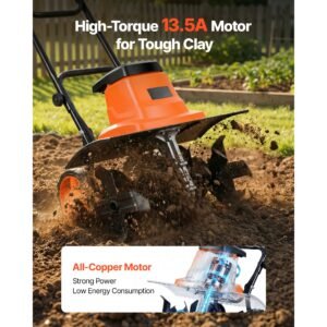 corded electric tiller, 18 inch tilling width garden rototiller, 13.5 amp motor heavy duty tilling machine, cultivator with steel tines and foldable handle, for lawn, yard, and gardening care