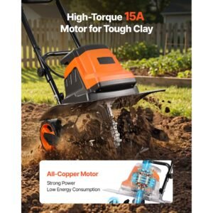 corded electric tiller, 18 inch tilling width garden rototiller, 15 amp motor heavy duty tilling machine, cultivator with steel tines and foldable handle, for lawn, yard, and gardening care