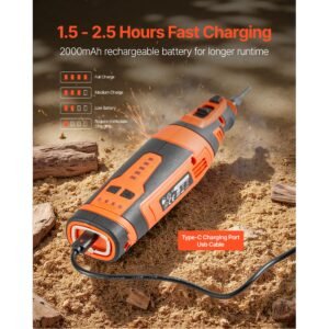 cordless chainsaw sharpener, 5 speed adjustable electric saw chain sharpener 5000 30000 rpm, rechargeable handheld chainsaw sharpening tool with 4 sharpening heads & angle guide attachment