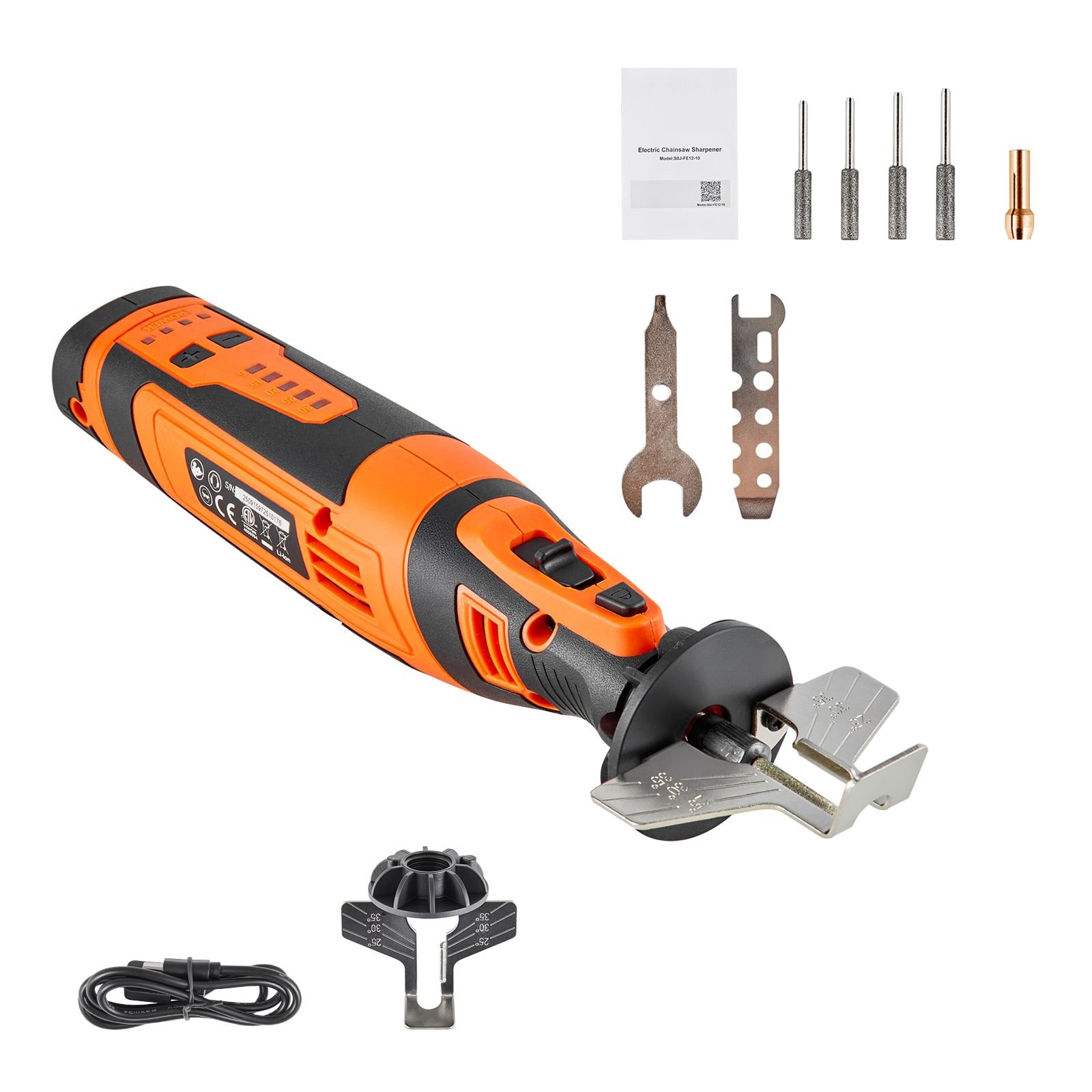 cordless chainsaw sharpener, 5 speed adjustable electric saw chain sharpener 5000 30000 rpm, rechargeable handheld chainsaw sharpening tool with 4 sharpening heads & angle guide attachment