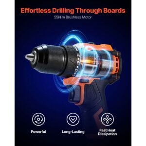 cordless drill driver, 1/2 inch metal chuck, brushless motor, dual speed variable, drill driver kit with lithium battery and charger, tool box, for wood and metal drilling, screw driving