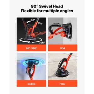 cordless drywall sander, 450w electric sander, popcorn ceiling removal tool with vacuum dust collection, 7 variable speed 0 1600 rpm, led light, foldable & extendable handle, 15 sanding discs