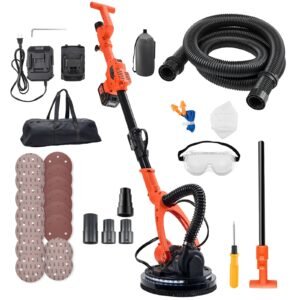Cordless Drywall Sander, 450W Electric Sander, Popcorn Ceiling Removal Tool with Vacuum Dust Collection, 7 Variable Speed 0-1600 RPM, LED Light, Foldable & Extendable Handle, 15 Sanding Discs
