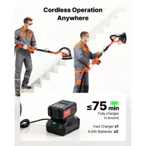 cordless drywall sander, 450w electric sander, popcorn ceiling removal tool with vacuum dust collection, 7 variable speed 0 1600 rpm, led light, foldable & extendable handle, 15 sanding discs