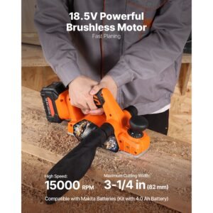 cordless handheld planer, 3 1/4 inch cut width, 15000 rpm electric hand wood planer with 4.0 ah 18v lithium battery, brushless motor, adjustable cut depth, dust collection bag, for woodworking
