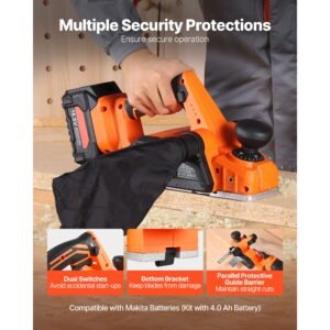 cordless handheld planer, 3 1/4 inch cut width, 15000 rpm electric hand wood planer with 4.0 ah 18v lithium battery, brushless motor, adjustable cut depth, dust collection bag, for woodworking