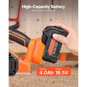 cordless handheld planer, 3 1/4 inch cut width, 15000 rpm electric hand wood planer with 4.0 ah 18v lithium battery, brushless motor, adjustable cut depth, dust collection bag, for woodworking