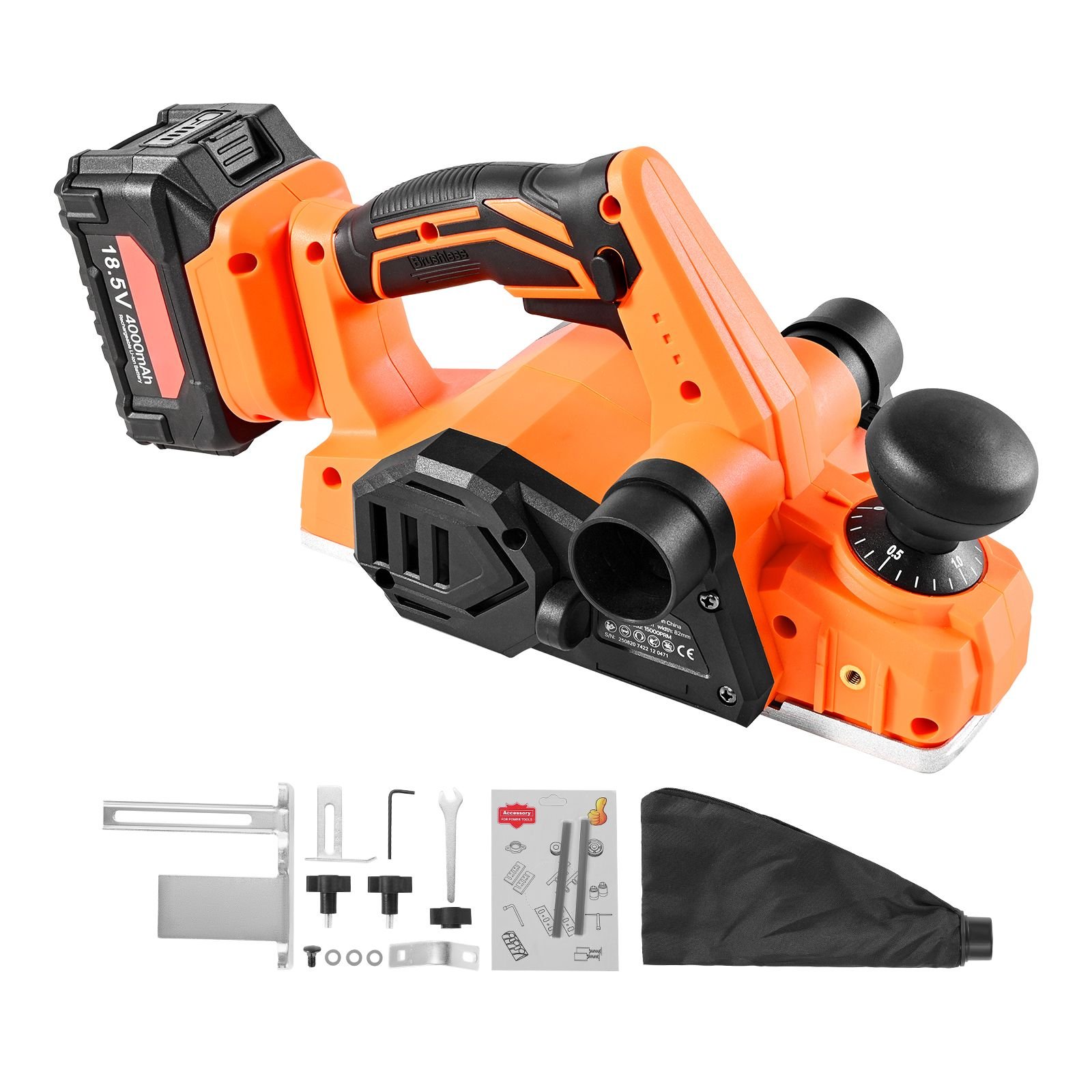 cordless handheld planer, 3 1/4 inch cut width, 15000 rpm electric hand wood planer with 4.0 ah 18v lithium battery, brushless motor, adjustable cut depth, dust collection bag, for woodworking