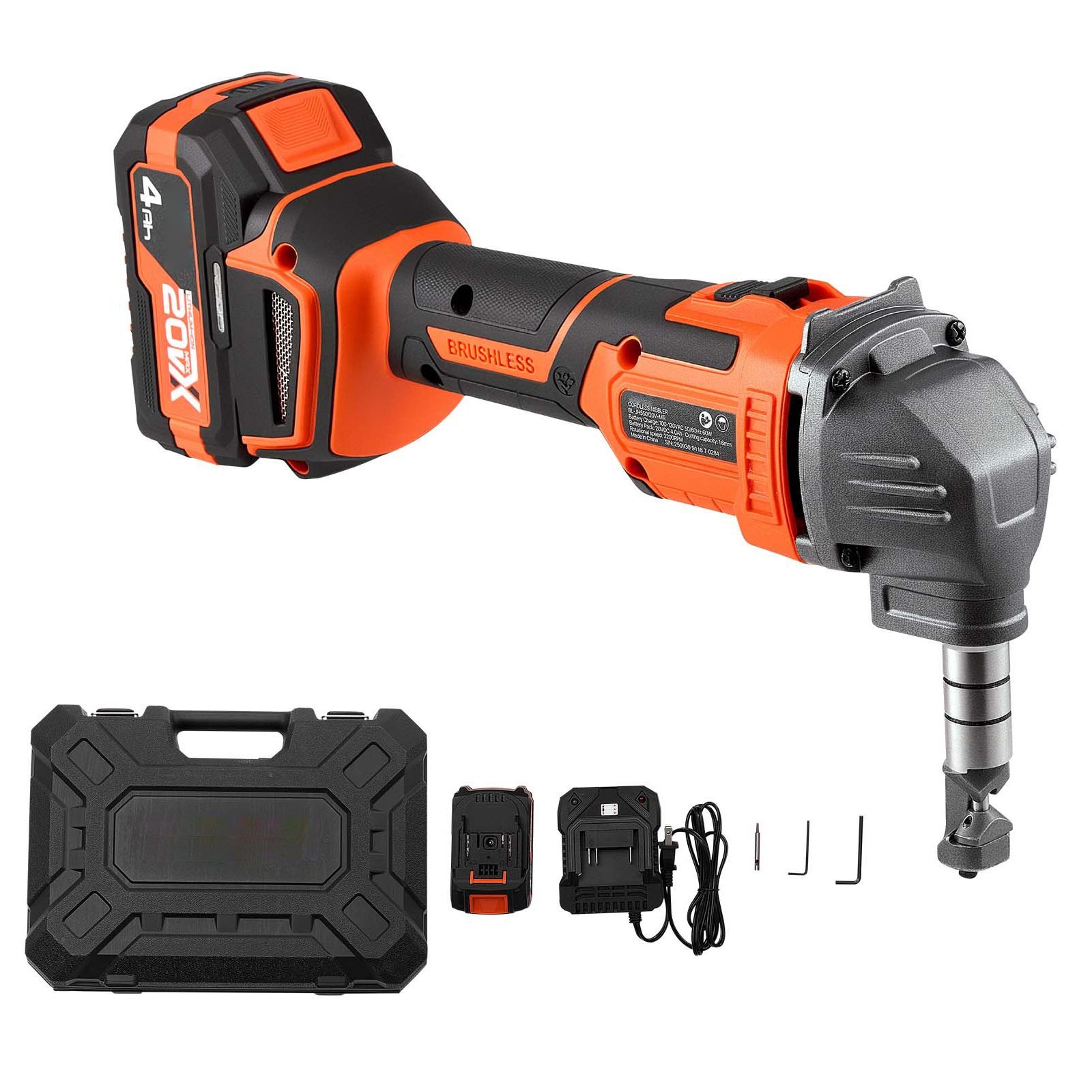 cordless metal nibbler, with 20 v 4000 mah battery, 2200 rpm efficient brushless motor, electric nibbler metal cutter with plastic carrying case for cutting steel sheet and aluminum sheet