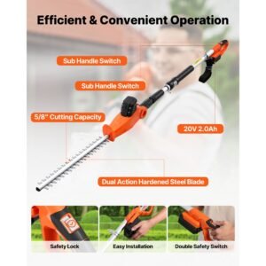 cordless pole hedge trimmer, 20v electric bush trimmer kit with 18 inch double edged steel blade, 74 94 inches telescoping design for high branches (2.0ah battery and fast charger included)