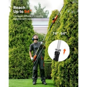 cordless pole hedge trimmer, 20v electric bush trimmer kit with 18 inch double edged steel blade, 74 94 inches telescoping design for high branches (2.0ah battery and fast charger included)