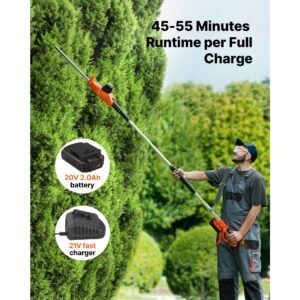 cordless pole hedge trimmer, 20v electric bush trimmer kit with 18 inch double edged steel blade, 74 94 inches telescoping design for high branches (2.0ah battery and fast charger included)