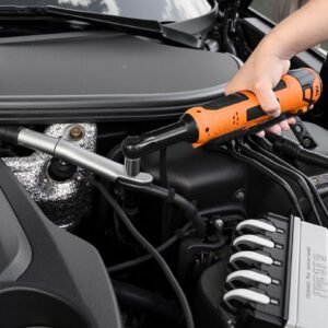 cordless ratchet wrench, 3/8 inch drive, 230 rpm, up to 33 ft lbs of torque, battery powered electric ratchet wrench set with two 2.0ah batteries, charger, sockets, adaptor and carrying case