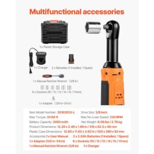 cordless ratchet wrench, 3/8 inch drive, 230 rpm, up to 33 ft lbs of torque, battery powered electric ratchet wrench set with two 2.0ah batteries, charger, sockets, adaptor and carrying case