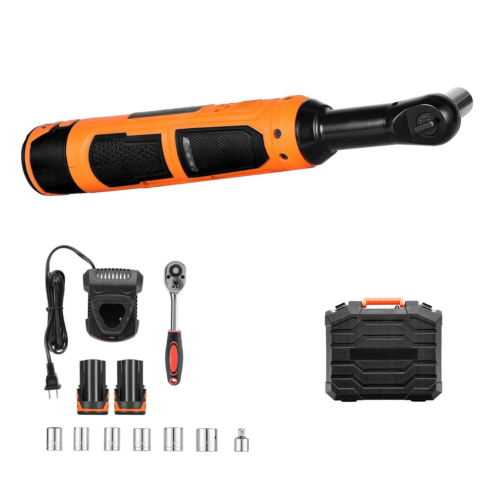 cordless ratchet wrench, 3/8 inch drive, 230 rpm, up to 33 ft lbs of torque, battery powered electric ratchet wrench set with two 2.0ah batteries, charger, sockets, adaptor and carrying case