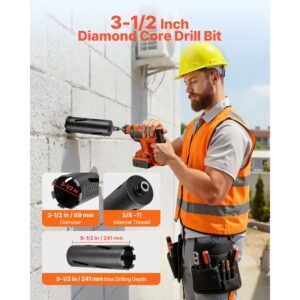 core drill bit, 3 1/2 inch diameter, 9 1/2 inch drilling depth, 5/8 11 internal thread, diamond dry coring bit with 3 adapters, pilot drill and hex wrench, for concrete, red bricks, and masonry