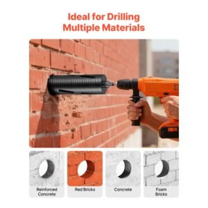 core drill bit, 3 1/2 inch diameter, 9 1/2 inch drilling depth, 5/8 11 internal thread, diamond dry coring bit with 3 adapters, pilot drill and hex wrench, for concrete, red bricks, and masonry