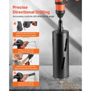 core drill bit, 3 1/2 inch diameter, 9 1/2 inch drilling depth, 5/8 11 internal thread, diamond dry coring bit with 3 adapters, pilot drill and hex wrench, for concrete, red bricks, and masonry