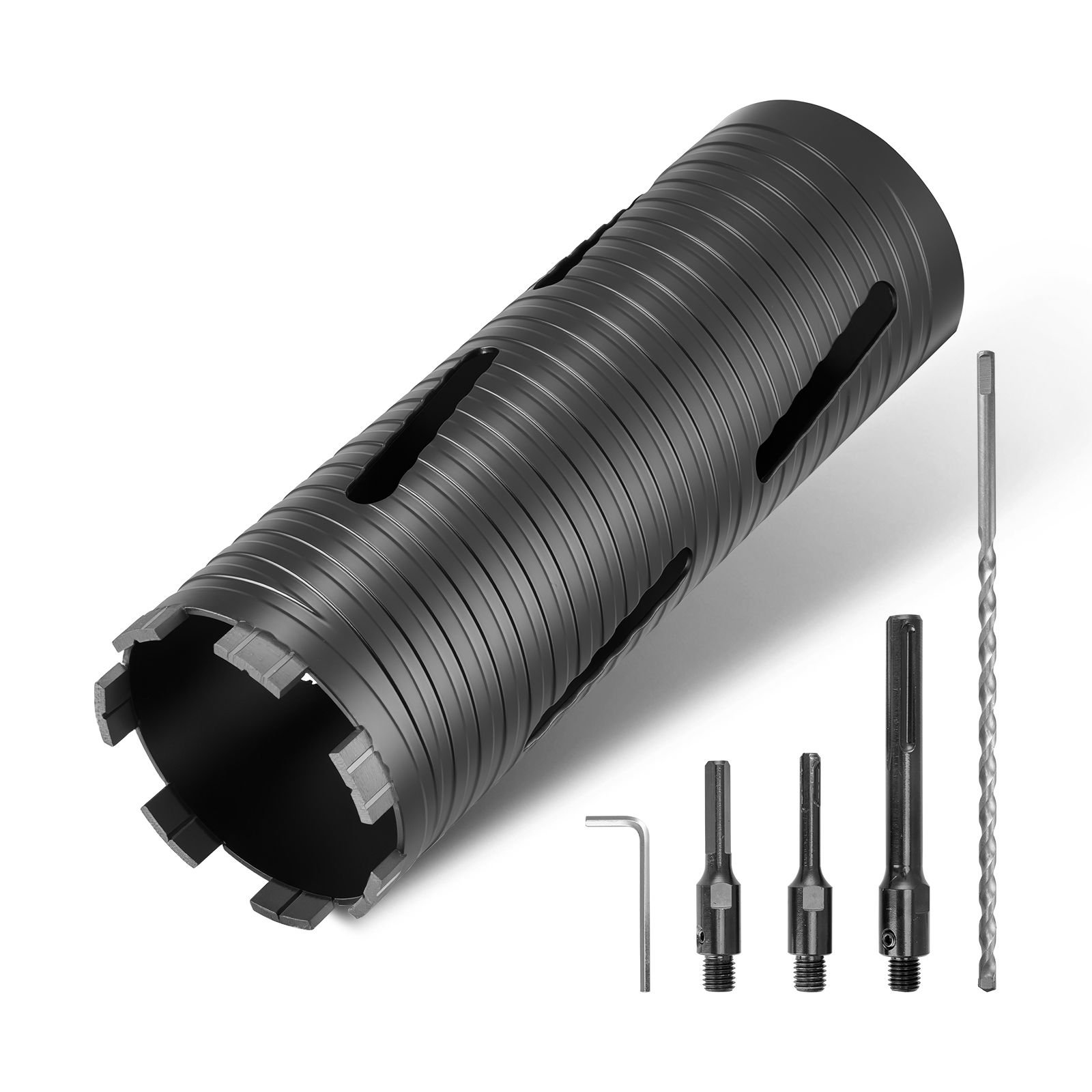 core drill bit, 3 1/2 inch diameter, 9 1/2 inch drilling depth, 5/8 11 internal thread, diamond dry coring bit with 3 adapters, pilot drill and hex wrench, for concrete, red bricks, and masonry