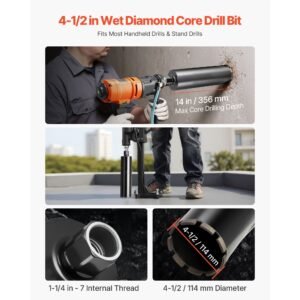 core drill bit, 4 1/2 inch diameter, 14 inch drilling depth, 1 1/4 in 7 internal thread, high precision welding technology, wet diamond core bit for reinforced concrete, bricks, and masonry
