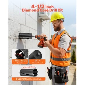 core drill bit, 4 1/2 inch diameter, 9 1/2 inch drilling depth, 5/8 11 internal thread, diamond dry coring bit with 3 adapters, pilot drill and hex wrench, for concrete, red bricks, and masonry