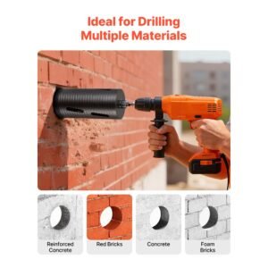 core drill bit, 4 1/2 inch diameter, 9 1/2 inch drilling depth, 5/8 11 internal thread, diamond dry coring bit with 3 adapters, pilot drill and hex wrench, for concrete, red bricks, and masonry