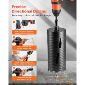 core drill bit, 4 1/2 inch diameter, 9 1/2 inch drilling depth, 5/8 11 internal thread, diamond dry coring bit with 3 adapters, pilot drill and hex wrench, for concrete, red bricks, and masonry