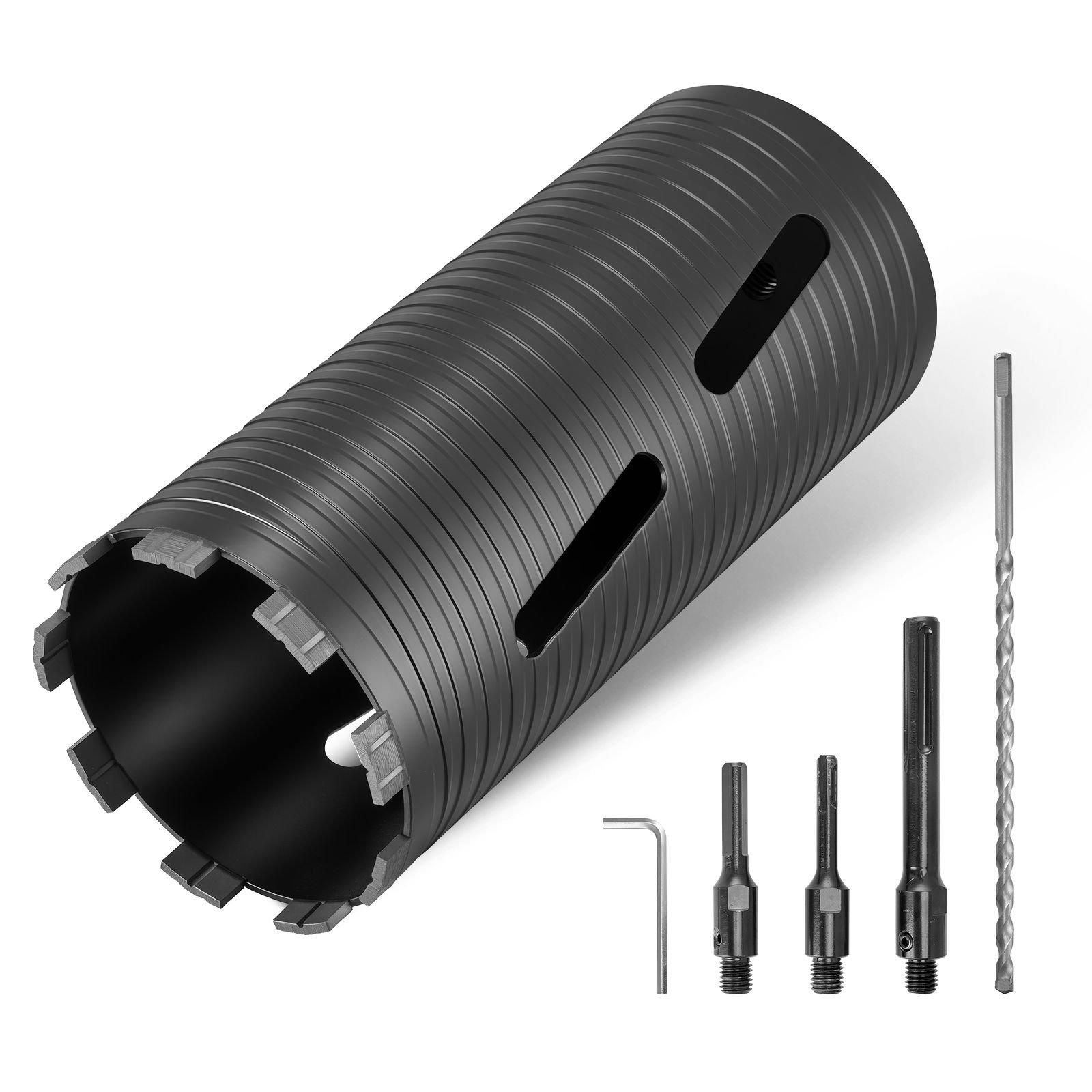 core drill bit, 4 1/2 inch diameter, 9 1/2 inch drilling depth, 5/8 11 internal thread, diamond dry coring bit with 3 adapters, pilot drill and hex wrench, for concrete, red bricks, and masonry