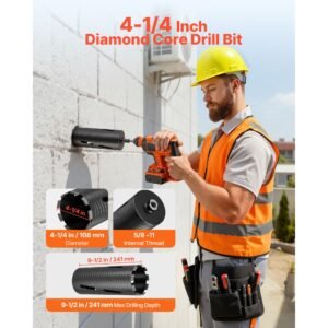 core drill bit, 4 1/4 inch diameter, 9 1/2 inch drilling depth, 5/8 11 internal thread, diamond dry coring bit with 3 adapters, pilot drill and hex wrench, for concrete, red bricks, and masonry