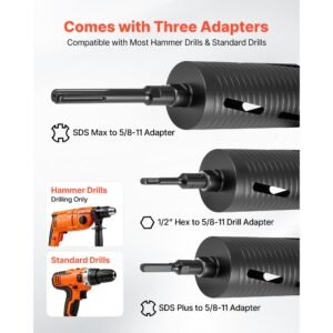 core drill bit, 4 1/4 inch diameter, 9 1/2 inch drilling depth, 5/8 11 internal thread, diamond dry coring bit with 3 adapters, pilot drill and hex wrench, for concrete, red bricks, and masonry