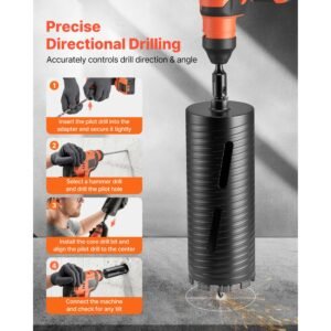 core drill bit, 4 1/4 inch diameter, 9 1/2 inch drilling depth, 5/8 11 internal thread, diamond dry coring bit with 3 adapters, pilot drill and hex wrench, for concrete, red bricks, and masonry
