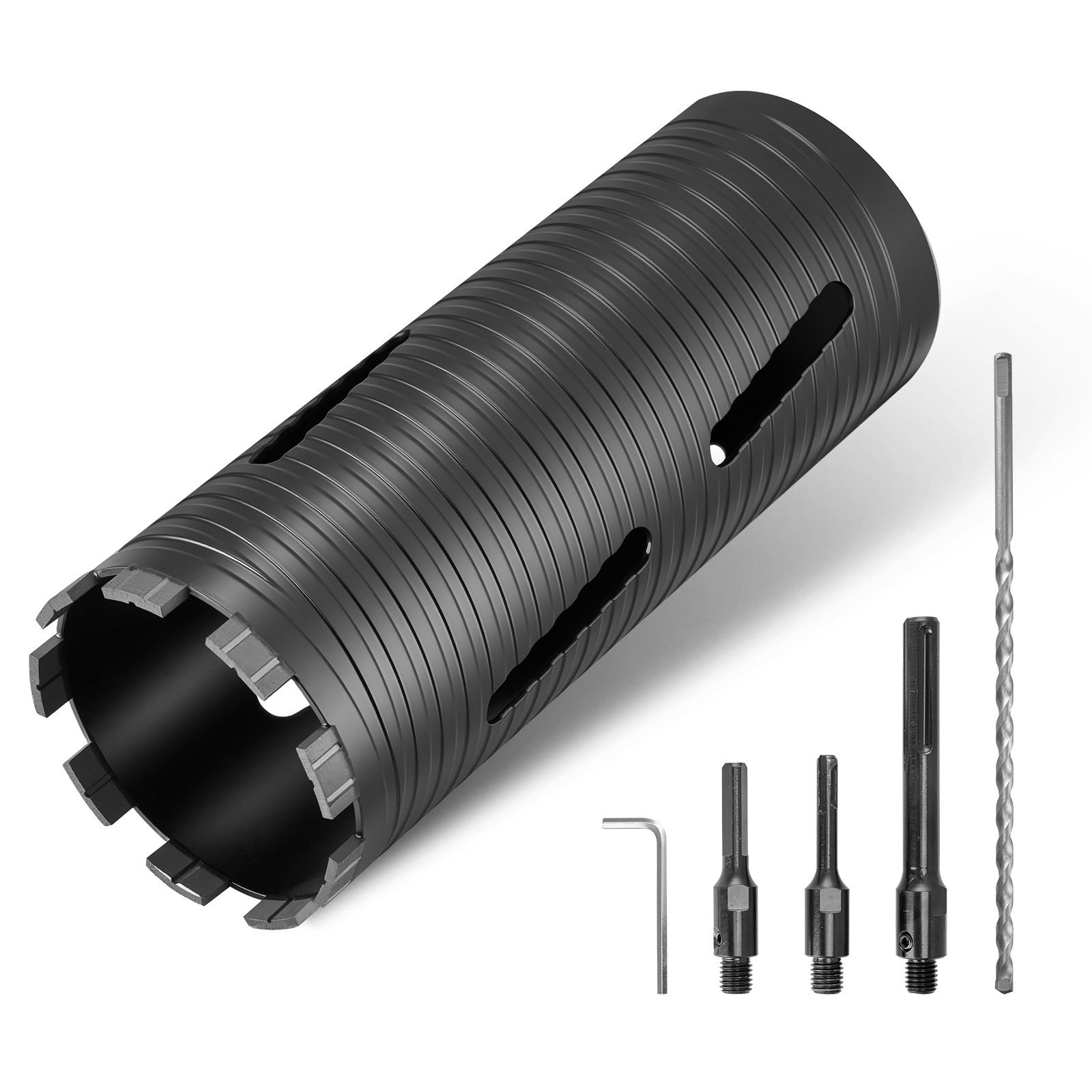 core drill bit, 4 1/4 inch diameter, 9 1/2 inch drilling depth, 5/8 11 internal thread, diamond dry coring bit with 3 adapters, pilot drill and hex wrench, for concrete, red bricks, and masonry