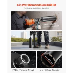 core drill bit, 4 inch diameter, 14 inch drilling depth, 1 1/4 in 7 internal thread, high precision welding technology, wet diamond core bit for reinforced concrete, red bricks, and masonry