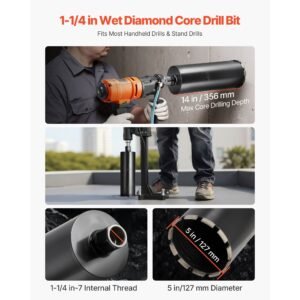core drill bit, 5 inch diameter, 14 inch drilling depth, 1 1/4 in 7 internal thread, high precision welding technology, wet diamond core bit for reinforced concrete, red bricks, and masonry