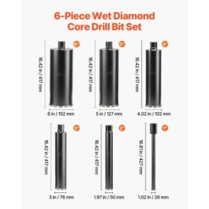 core drill bit, 6 pieces, 1/2/3/4/5/6 inch diameter, 14 inch drilling depth, 1 1/4 in 7 internal thread, high precision welding, wet diamond core bit for reinforced concrete, bricks, and masonry