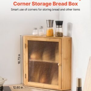 corner bread box for kitchen counter, double layer large capacity bamboo bread storage container, farmhouse wooden breadbox for homemade bread, storage holder bin with acrylic wavy door, natural