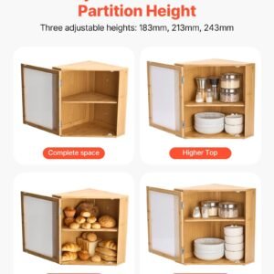 corner bread box for kitchen counter, double layer large capacity bamboo bread storage container, farmhouse wooden breadbox for homemade bread, storage holder bin with acrylic wavy door, natural