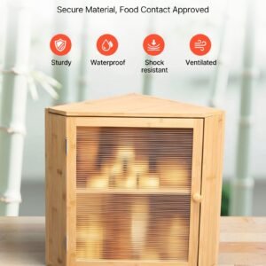 corner bread box for kitchen counter, double layer large capacity bamboo bread storage container, farmhouse wooden breadbox for homemade bread, storage holder bin with acrylic wavy door, natural