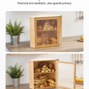 corner bread box for kitchen counter, double layer large capacity bamboo bread storage container, farmhouse wooden breadbox for homemade bread, storage holder bin with acrylic wavy door, natural