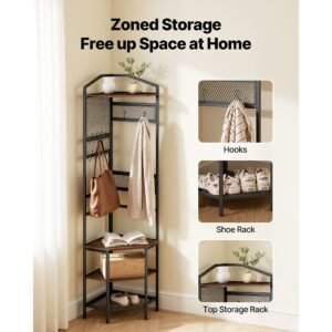 corner hall tree, 71.3 in coat rack with hooks, top shelf & steel frame, freestanding clothes shoes rack storage organizer with anti tip set, adjustable non slip feet for entrance closet office