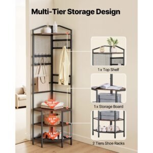 corner hall tree, 71.3 in coat rack with hooks, top shelf & steel frame, freestanding clothes shoes rack storage organizer with anti tip set, adjustable non slip feet for entrance closet office