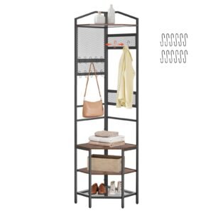 Corner Hall Tree, 71.3 in Coat Rack with Hooks, Top Shelf & Steel Frame, Freestanding Clothes Shoes Rack Storage Organizer with Anti-Tip Set, Adjustable Non-Slip Feet for Entrance Closet Office