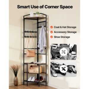 corner hall tree, 71.3 in coat rack with hooks, top shelf & steel frame, freestanding clothes shoes rack storage organizer with anti tip set, adjustable non slip feet for entrance closet office