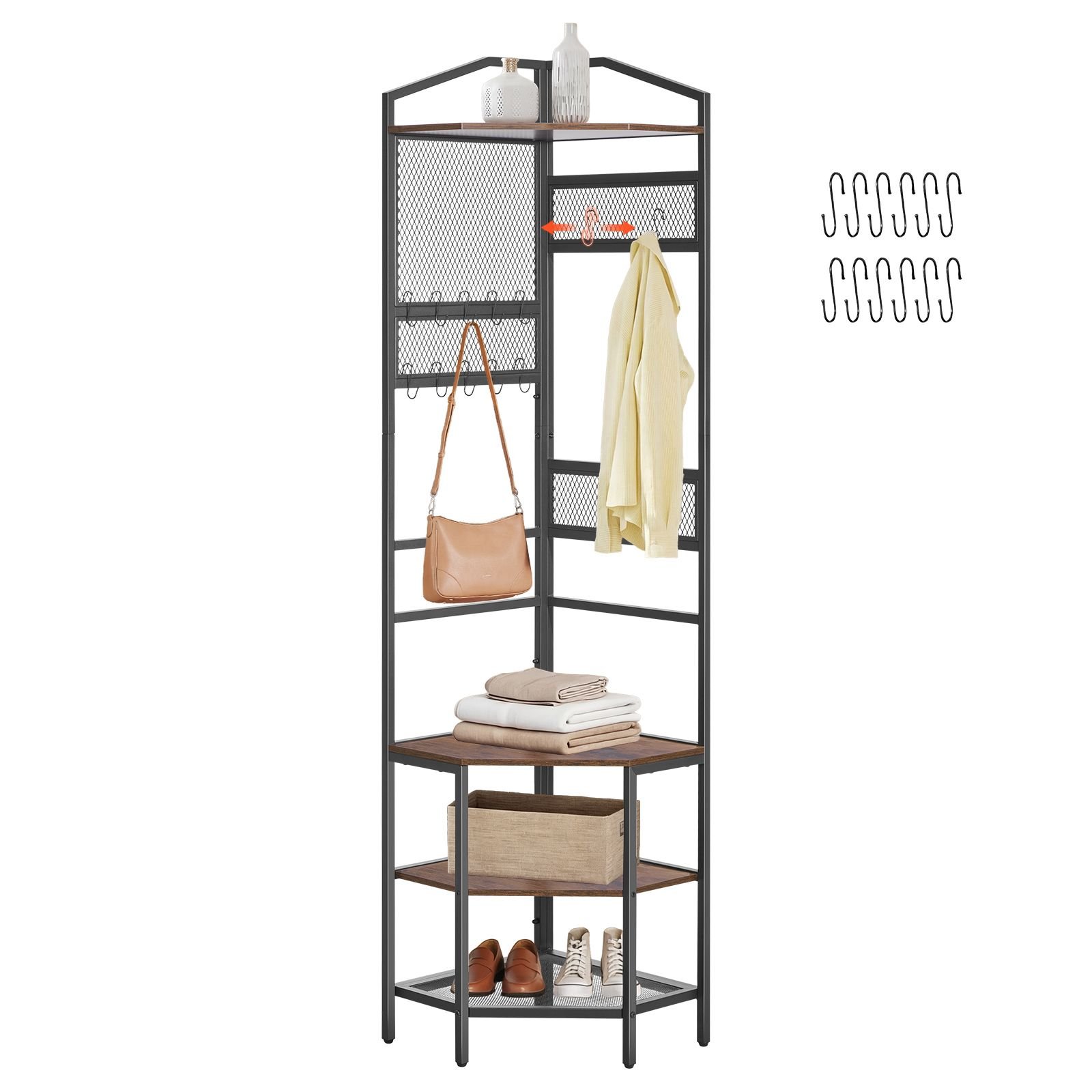 corner hall tree, 71.3 in coat rack with hooks, top shelf & steel frame, freestanding clothes shoes rack storage organizer with anti tip set, adjustable non slip feet for entrance closet office