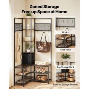 corner hall tree with shoe bench, 70.9 in coat rack with hooks and steel frame, freestanding clothes shoes rack storage organizer with anti tip set, for entrance, closet, office, rustic brown