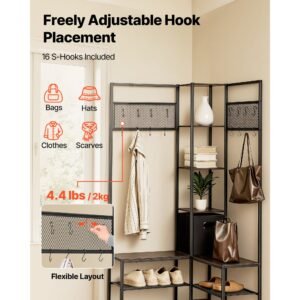 corner hall tree with shoe bench, 70.9 in coat rack with hooks and steel frame, freestanding clothes shoes rack storage organizer with anti tip set, for entrance, closet, office, rustic brown